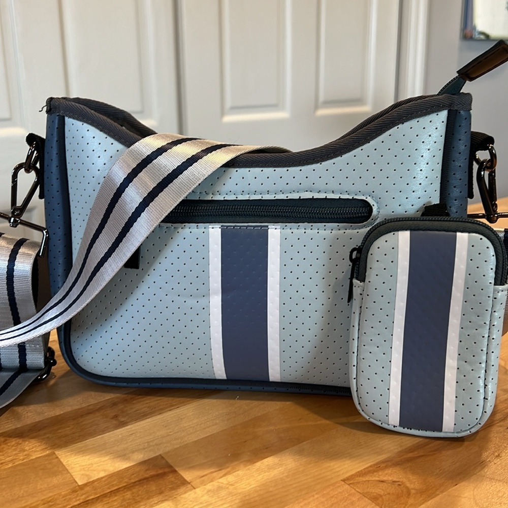 Haute Shore blue neoprene crossbody bag with removable zippered pouch